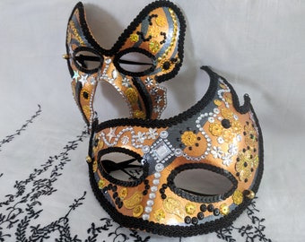 Black and Gold Halloween Mask Set | His and Hers Masquerade Masks | Couples Carnival Masks | Hand-decorated Festival Mask Pair |