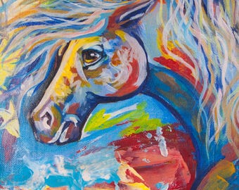 カラフルな馬の絵：質感のある額入りキャンバスウォールアート - Etsy 日本