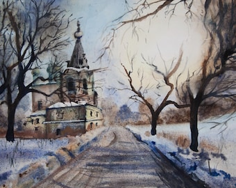 Pintura original de acuarela de una iglesia / Arte mural cristiano / Decoración religiosa para el hogar / Ilustración de una iglesia hecha a mano / Regalo de fe para cristianos