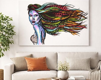 Boho Woman Wall Art Canvas | Colorful Female Portrait Print | Feminine Abstract Face Art | Modern Bedroom Decor | Gift for Her