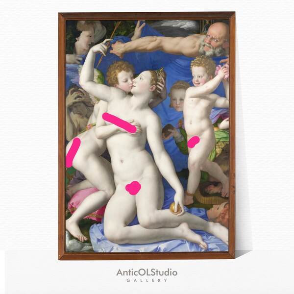 Allegory with Venus and Cupid, Naked woman, Children, Men, Intimacy, Laughter, Joy, Anger, 17th century, Oil Painting, Digital poster