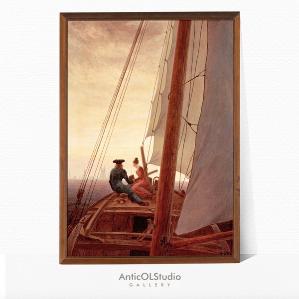 Man and Woman, On a ship, Travel on a ship, Seascape, 17th century, Mast, Deck, Oil Painting, Digital Poster,