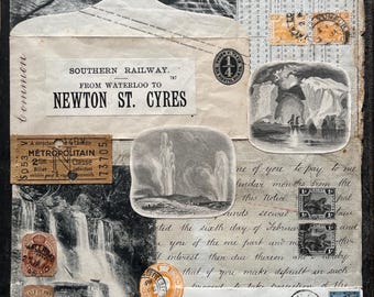 Collage unique fait main sur le thème du voyage à l'aide d'éphémères originaux vintage et anciens.