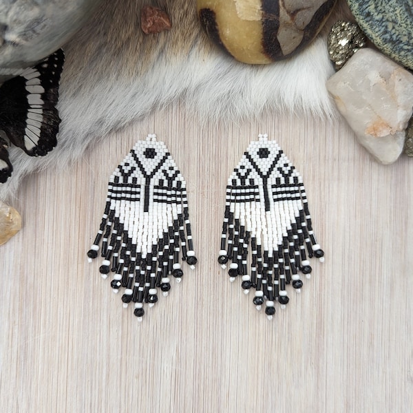 Beaded Inuit Tattoo Earrings Brickstitch Fringe, Indigenous Owned Shops Yup'ik Alaska Native Beadwork Gifts, Valentine's Mother's Day Gift