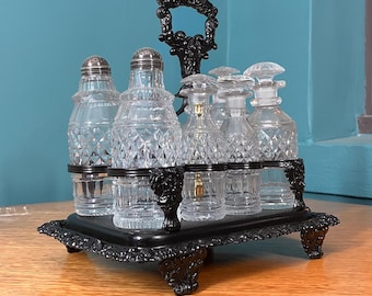 Antique Cruet Set on Satin Black Stand
