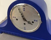 Vibrant blue Napoleon Hat Westminster chime mantle clock. Upcycled and restored to full working order with chimes. New winding key included