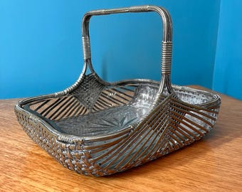 Silver Plate Woven Basket and Art Deco Glass Liner