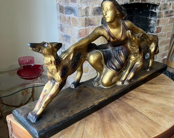 Art Deco Sculpture of a Woman and Hounds 65cm Long