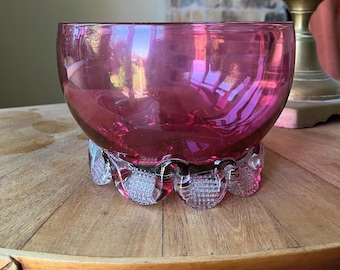 Victorian Cranberry Glass Bowl Hand Blown with Scalloped Feet