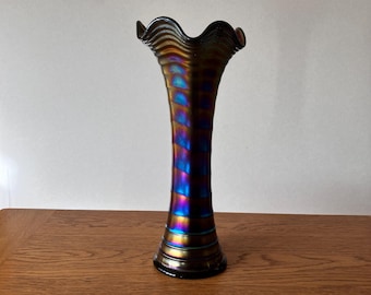 Antique Carnival Glass Vase in Iridescent Blue Purple and Gold
