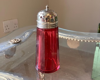 Antique Cranberry Glass Sugar Sifter with EPNS Lid