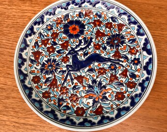 A Hand Made Greek Plate Deer Leaping through Flowers
