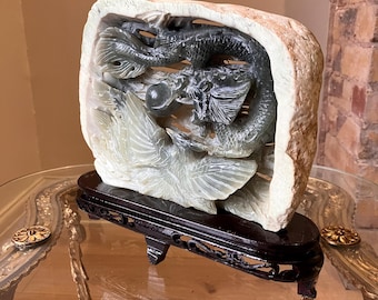 Jade / Nephrite Type Hardstone Carved Chinese Dragons Sculpture On Wooden Stand