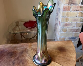 Antique Carnival Glass Vase in Iridescent Green Gold