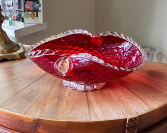 A Mid Century Murano Ruby Red Fruit Bowl with Clear Glass Borders
