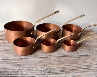 Set if Six Graduated Copper Saucepans Copper Pans with Brass Handles