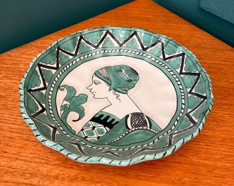 Hand Painted Italian Bowl with Pretty Girl Smalling a Flower