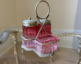 Cranberry Glass Condiment Set on Silver Plate Stand