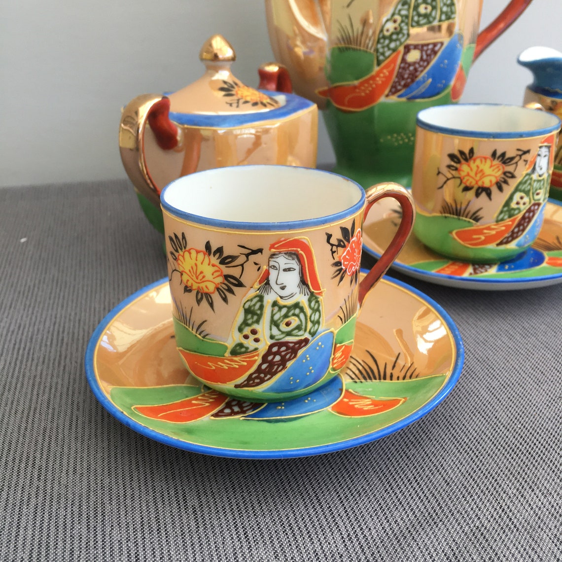 Hand painted Samurai china tea set. Geisha themed colourful Etsy