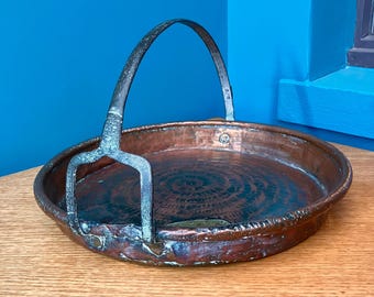 Large Antique Copper Pan with Iron Hanging Handle 43cm Diameter