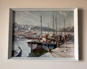 Framed Print of Sailing Boats in Harbour by Vernon Ward 55 x 41cm