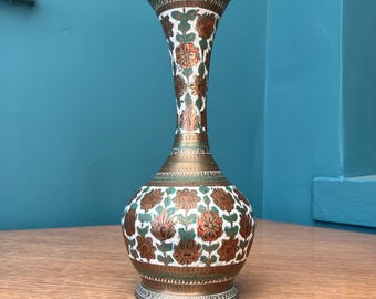 A Vintage Brass Vase with Red Green and White Floral Decoration