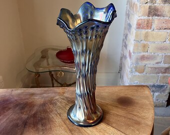 Antique Carnival Glass Vase in Iridescent Blue Silver