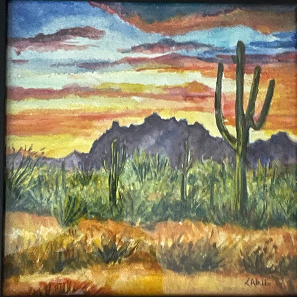 Original watercolor- Organ Pipe National Monument-Arizona Desert- Sunset on the Desert