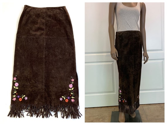 90s Fringed Suede Leather Skirt, Boho Fringed Skir