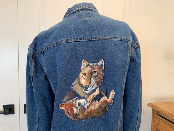 90s Painted Denim Jacket, Wolf Painting, Patches