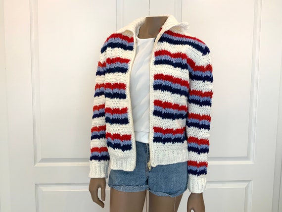 Adorable 70s Hand Knit Zipper Sweater, Red, White,