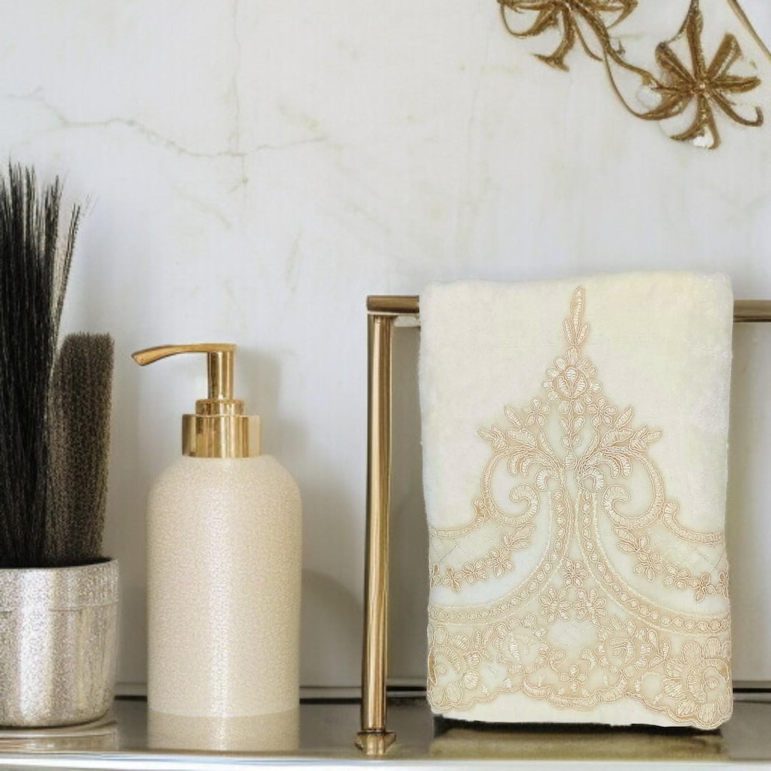 Elegant Beige Lace Cotton Turkish Hand Towel | Decorative Bathroom Towel
