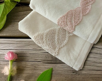 Luxury Decorative Turkish Hand Towel Pink & Beige Lace Trim | Wedding Gift