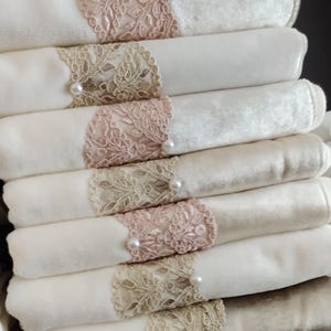 Elegant Organic Cotton TURKISH HAND TOWEL , Face Towel, Soft And Luxury Pink and Beige French Lace Towel