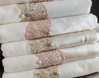 Elegant Organic Cotton TURKISH HAND TOWEL , Face Towel, Soft And Luxury Pink and Beige French Lace Towel