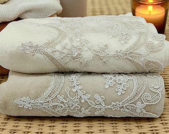 Cream & Beige Floral Luxury Lace Turkish Hand Towel Set | Housewarming Gift