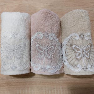3-Piece Elegant Fingertip Organic Cotton TURKISH HAND TOWEL , Face Towel, Soft And Luxury Pink and Beige and White French Lace Towel