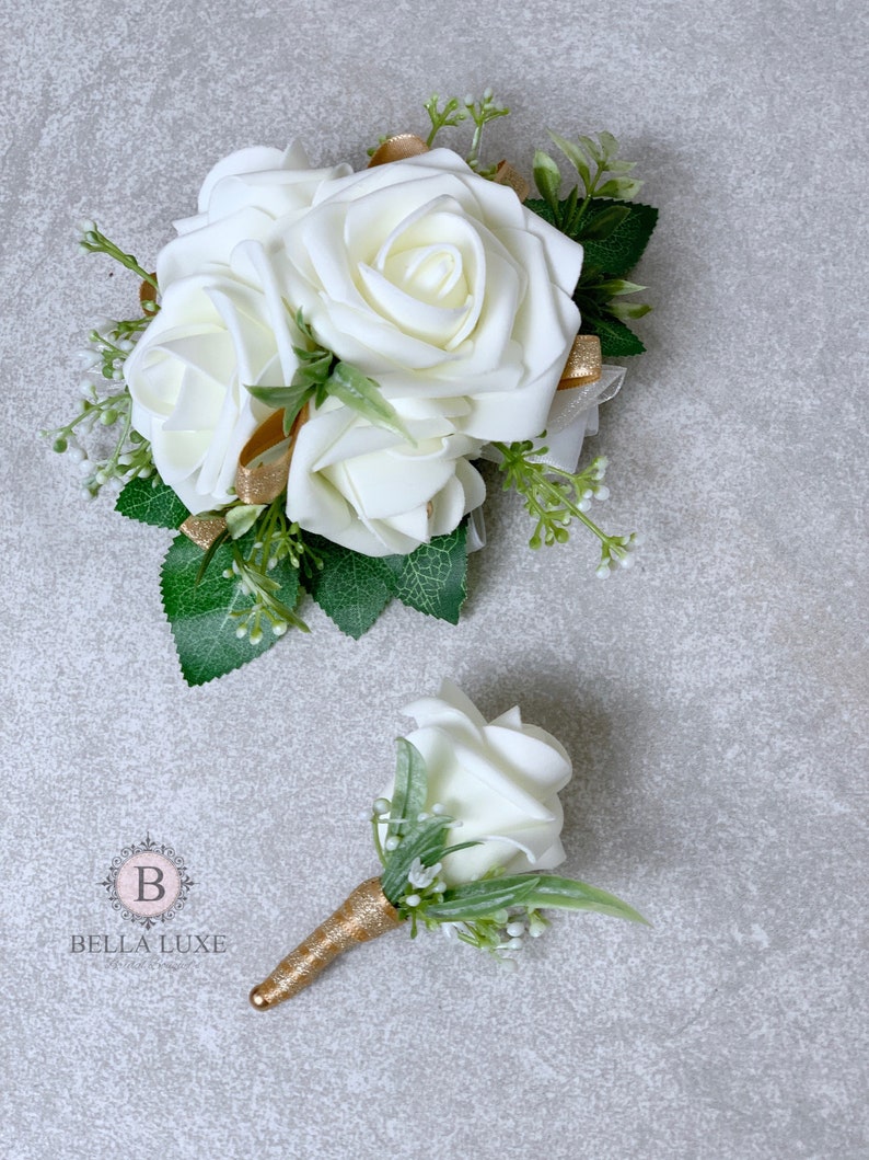 Ivory and Gold Corsage and Boutonni\u00e8re Set