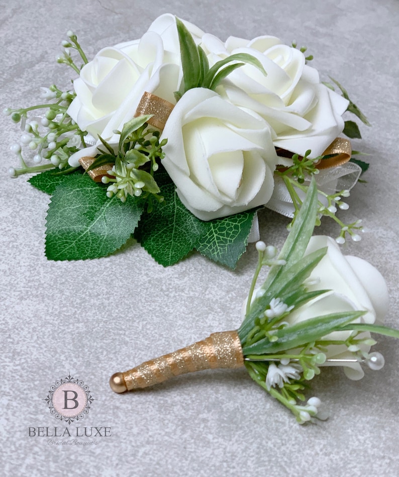 Ivory and Gold Corsage and Boutonni\u00e8re Set