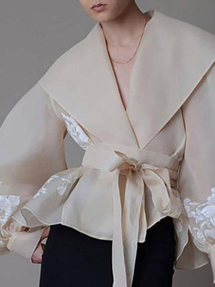 Vintage Style Organza Women’s Blouse with Lapel Collar, Lace-Up Detail, and Bow