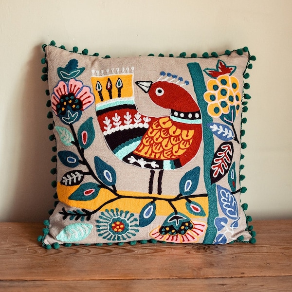 Folk Art Bird bordado pompón algodón Funda de cojín, estilo boho mexicano, Grande 19x19"