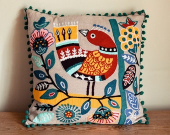 Folk Art Bird embroidered pompom cotton Cushion cover, boho Mexican style, Large 19x19"