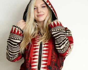 ethnic printed faux fur hooded fleece autumn winter coat