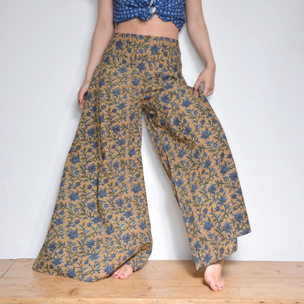 Palazzo Trousers extra wide leg BLOCK PRINT flares Hippy boho Baggy Pants Harem Cotton Women's Festival Party Summer Rainbow Colourful