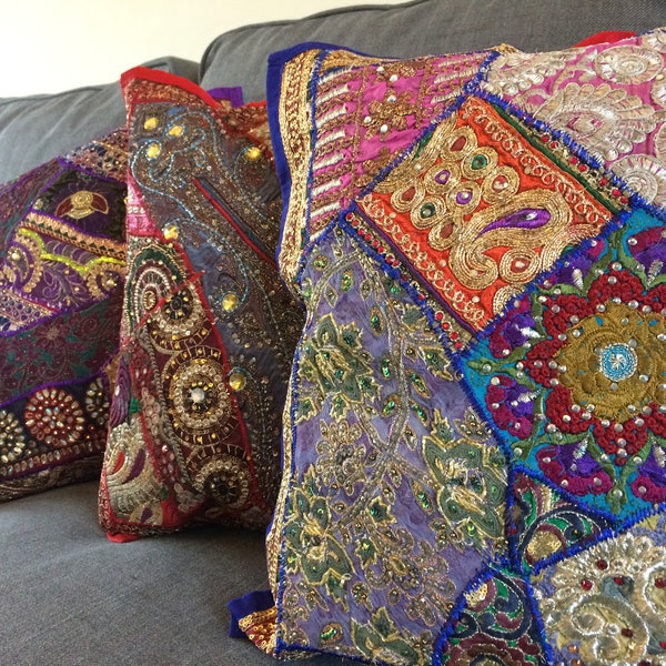Cushion cover Recycled Sequin Patchwork Indian 16 x 16 40 x 40 hippy ethnic boho