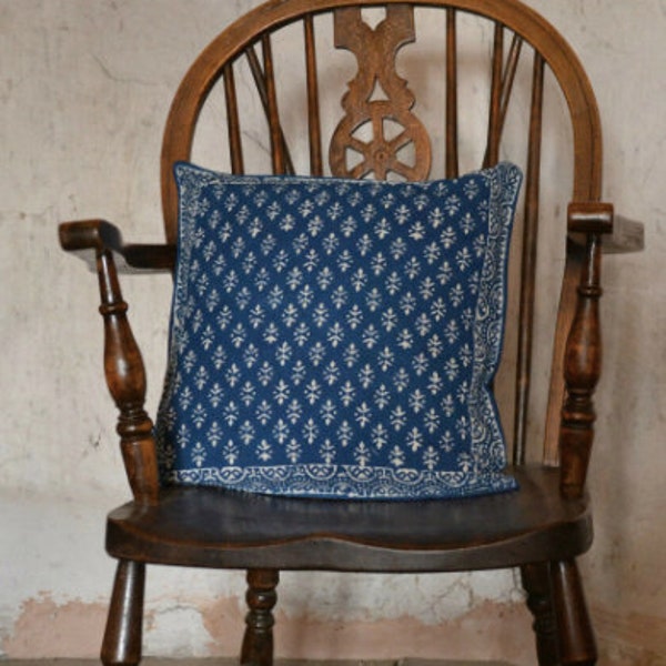 Hand block printed Indian Cushion Cover Indigo 16x16" 40x40cm ethnic alternative