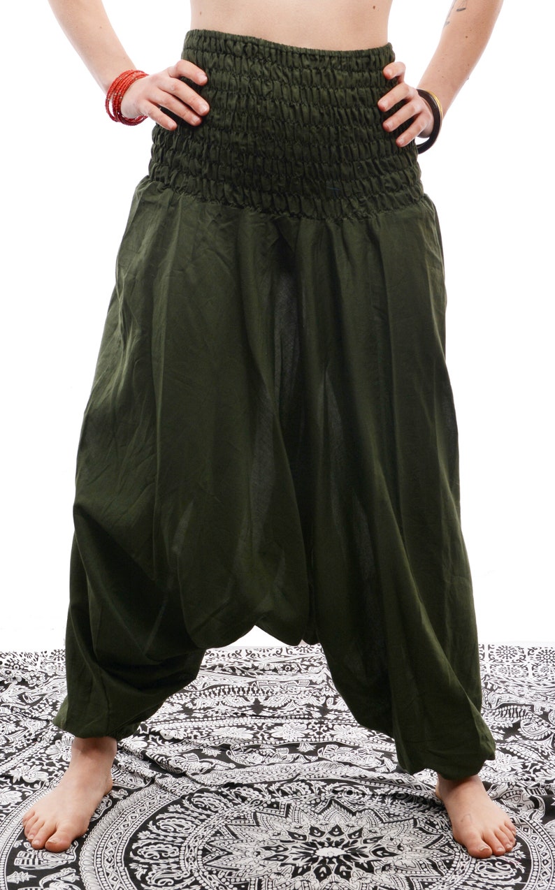 ORGANIC COTTON HAREM Trousers, Aladdin Alibaba Genie Pants, Unisex Yoga Festival hippie harems Kahki