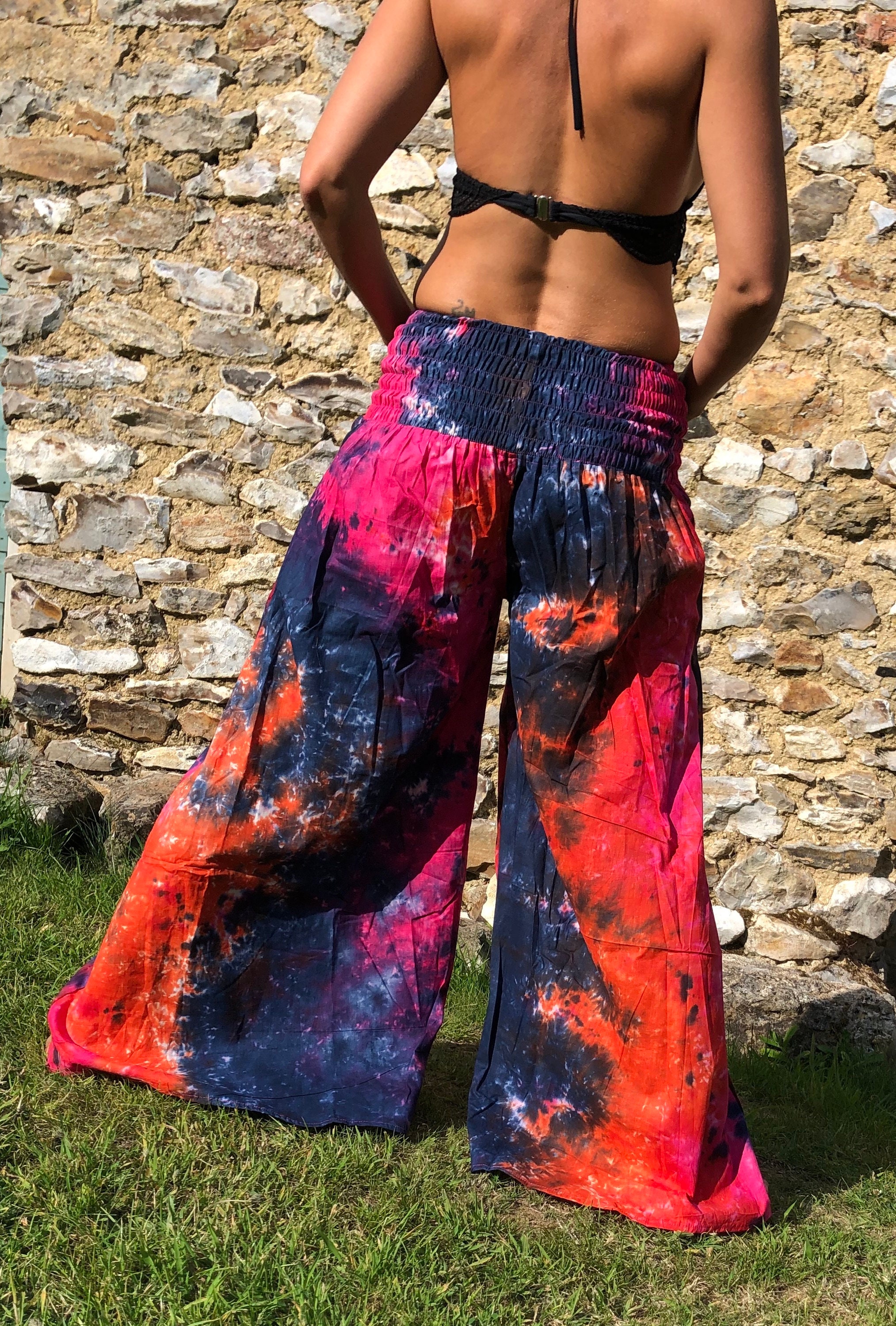 Image of Palazzo Trousers Extra Wide Leg Tie Dye Flares Hippy Hippie Boho Baggy Pants Harem Cotton Women's Festival Party Summer Rainbow Colourful