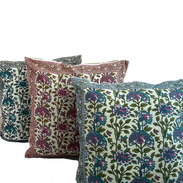 Floral Double sided Hand block printed Indian Cushion Cover 16x16" 40x40cm ethnic alternative