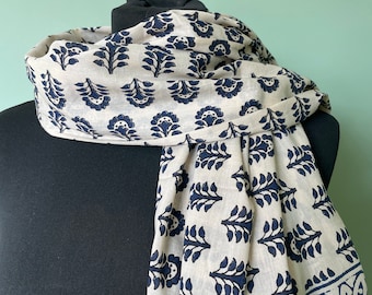 FLORAL Geometric Hand Block printed cotton scarf sarong lightweight natural summer beach shawl